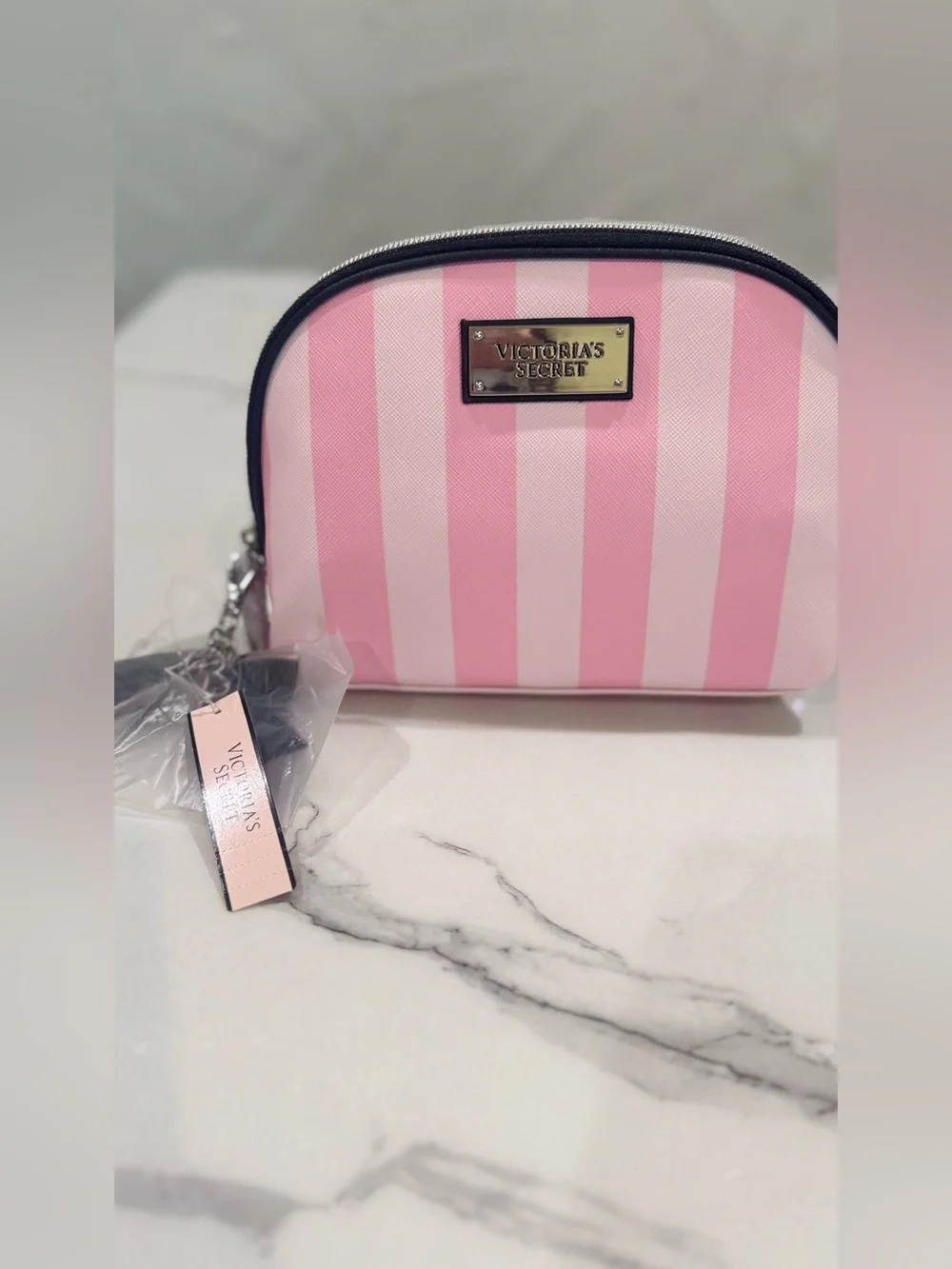 Victoria's Secret Pink and White Striped Cosmetic Pouch